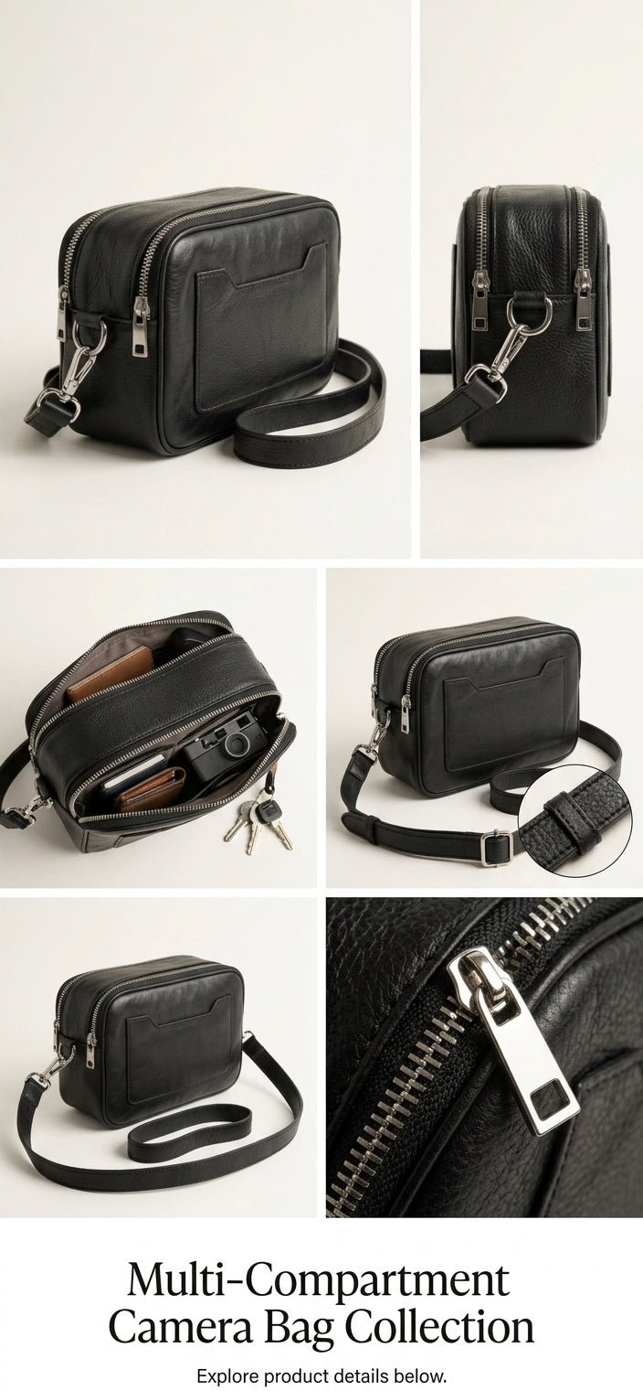 Classic Black Leather Camera Bag – Dual-Zip Crossbody - Karobaar