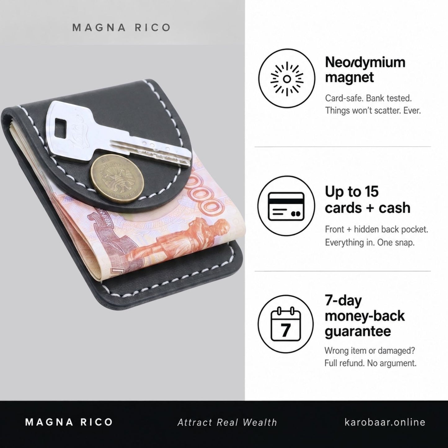 Magna Rico – Magnetic Money Clip Wallet for Men | Slim Leather Wallet Pakistan - Karobaar