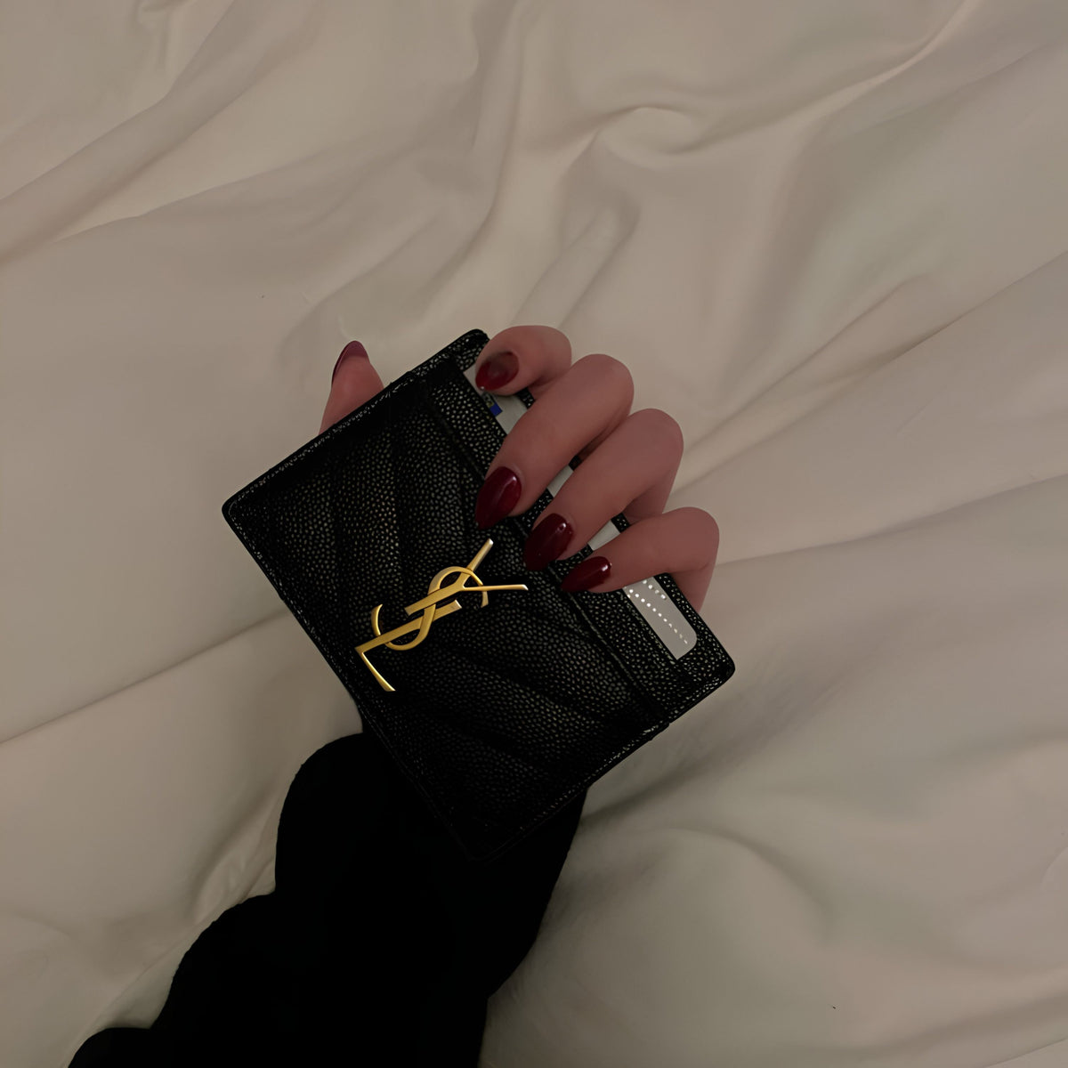 Noir Slim Card Case — Textured Leather, Gold Logo Accent - Karobaar