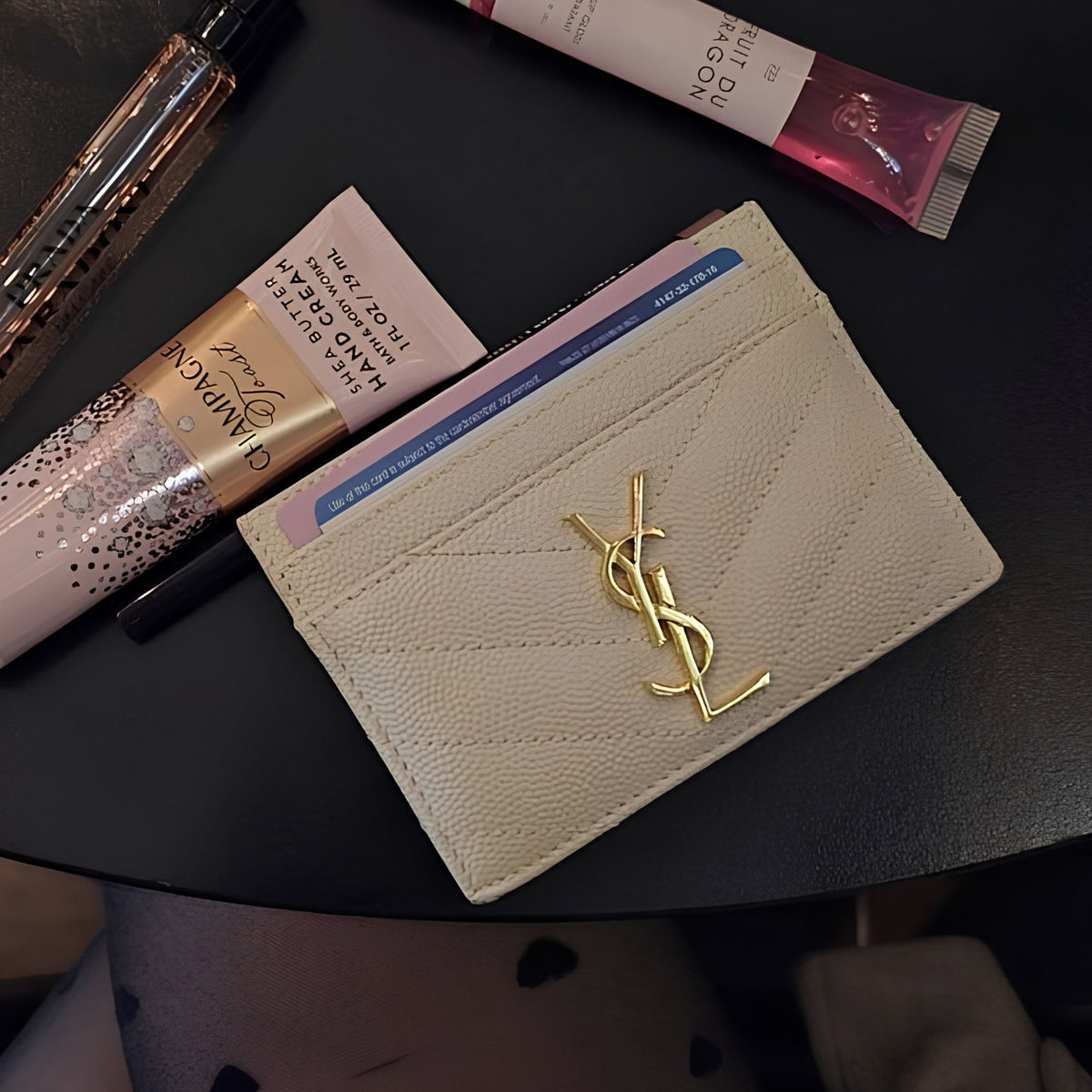 Noir Slim Card Case — Textured Leather, Gold Logo Accent - Karobaar