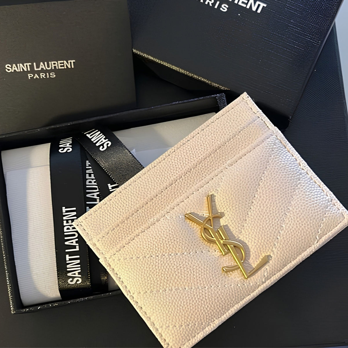 Noir Slim Card Case — Textured Leather, Gold Logo Accent - Karobaar