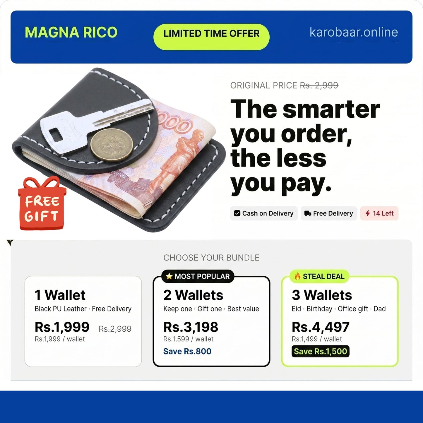 Magna Rico – Magnetic Money Clip Wallet for Men | Slim Leather Wallet Pakistan - Karobaar