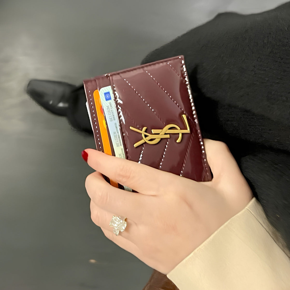 Noir Slim Card Case — Textured Leather, Gold Logo Accent - Karobaar
