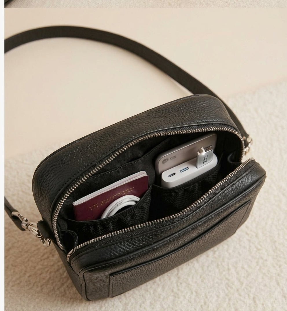 Classic Black Leather Camera Bag – Dual-Zip Crossbody - Karobaar