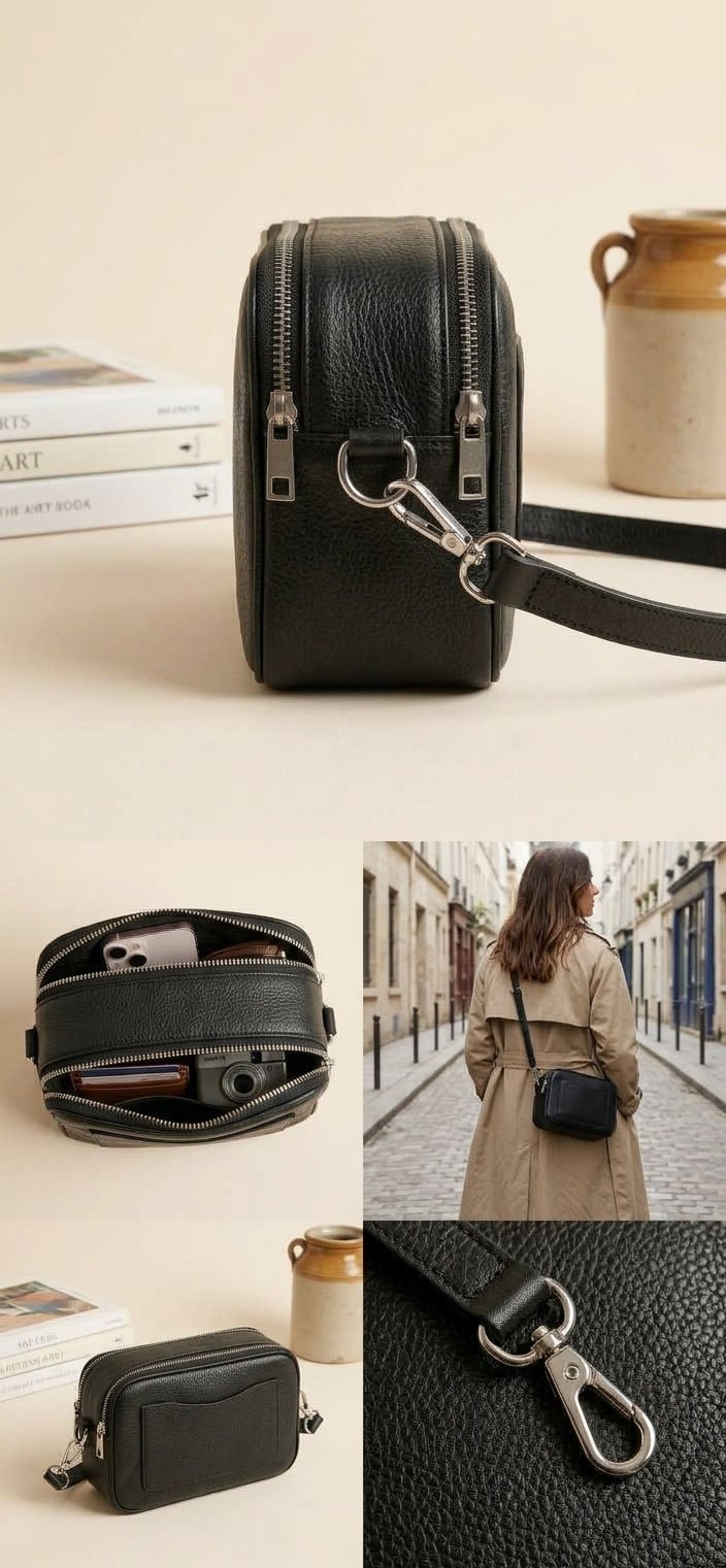 Classic Black Leather Camera Bag – Dual-Zip Crossbody - Karobaar