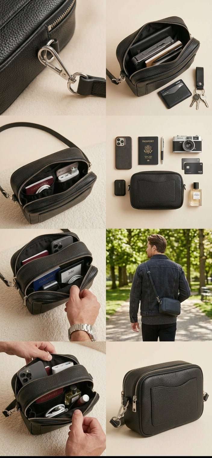 Classic Black Leather Camera Bag – Dual-Zip Crossbody - Karobaar