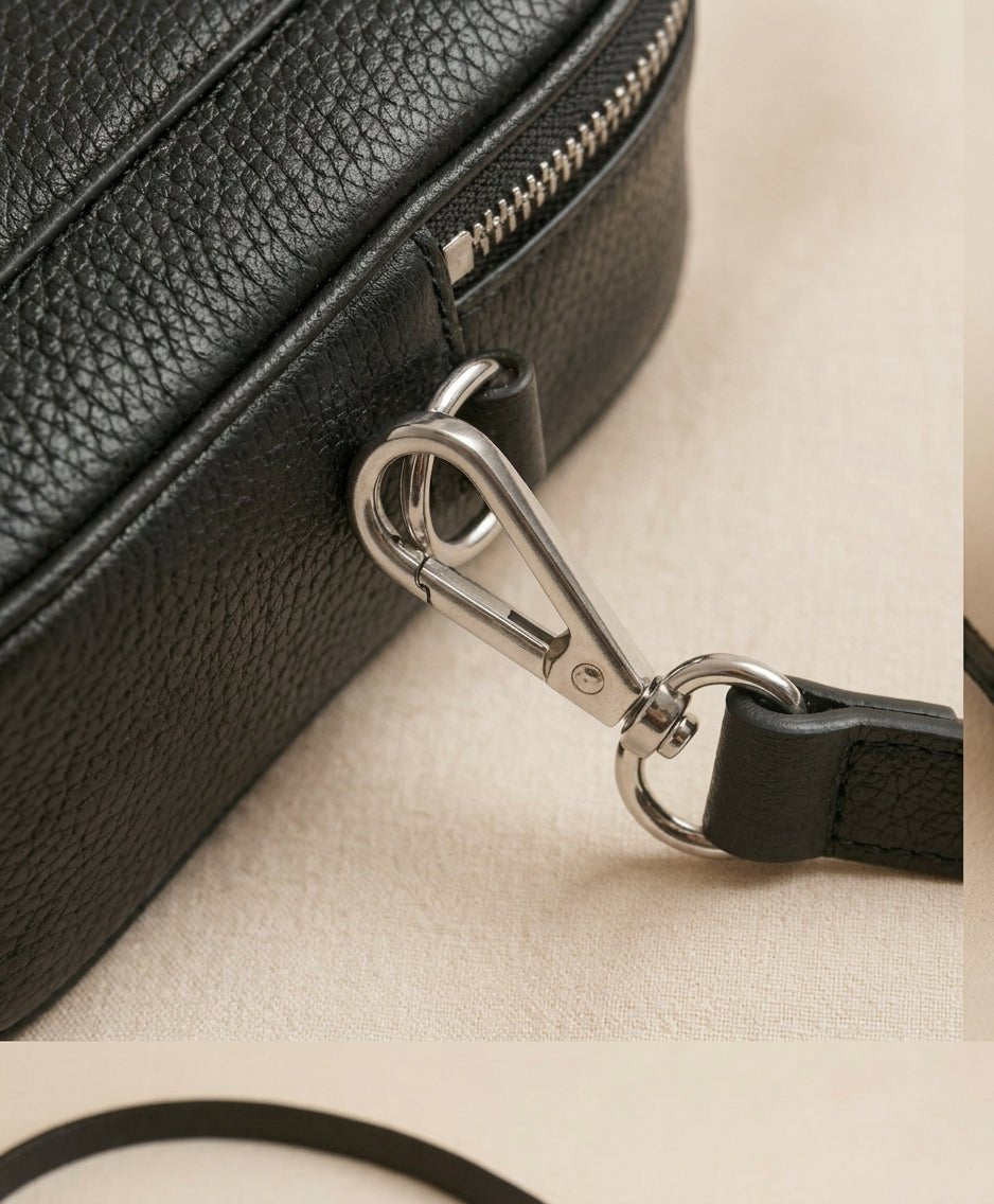 Classic Black Leather Camera Bag – Dual-Zip Crossbody - Karobaar