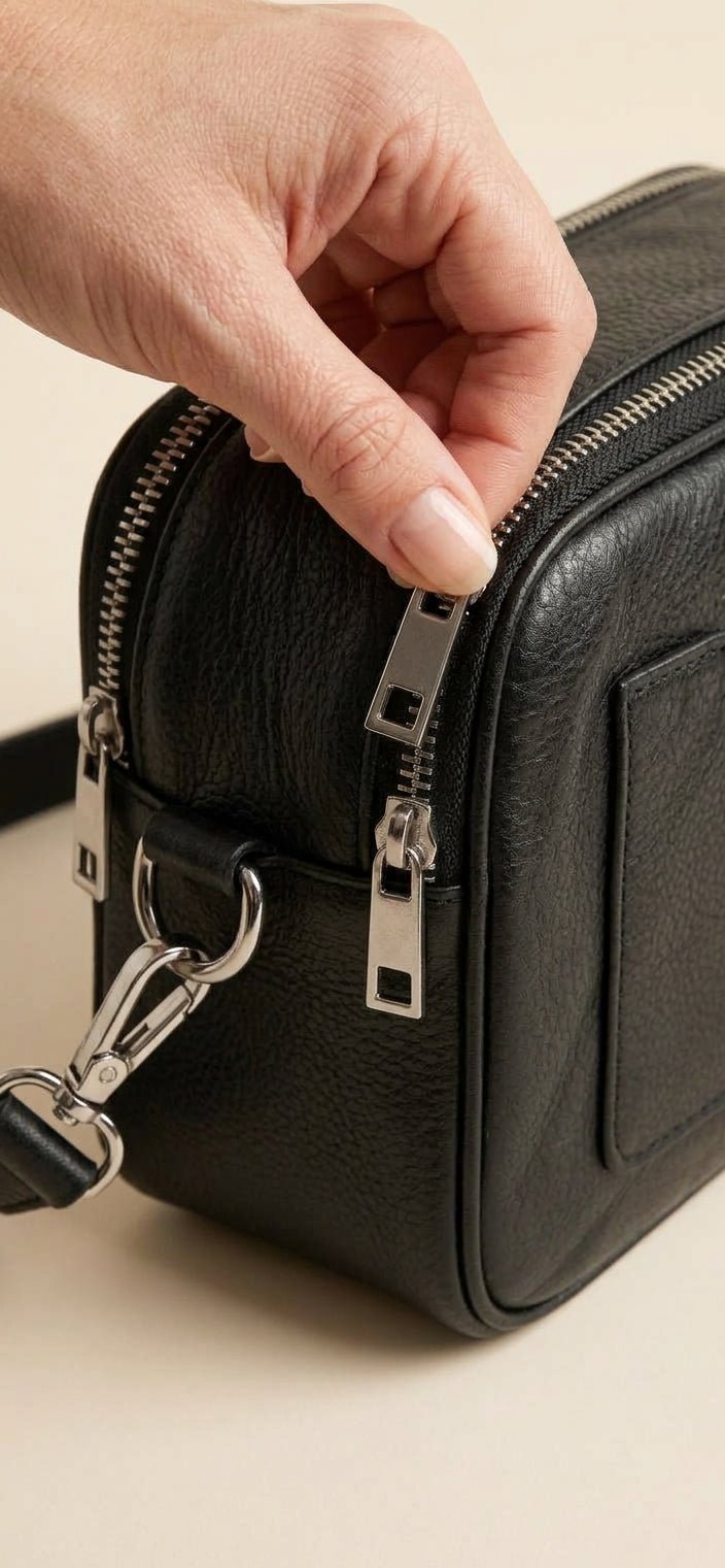 Classic Black Leather Camera Bag – Dual-Zip Crossbody - Karobaar