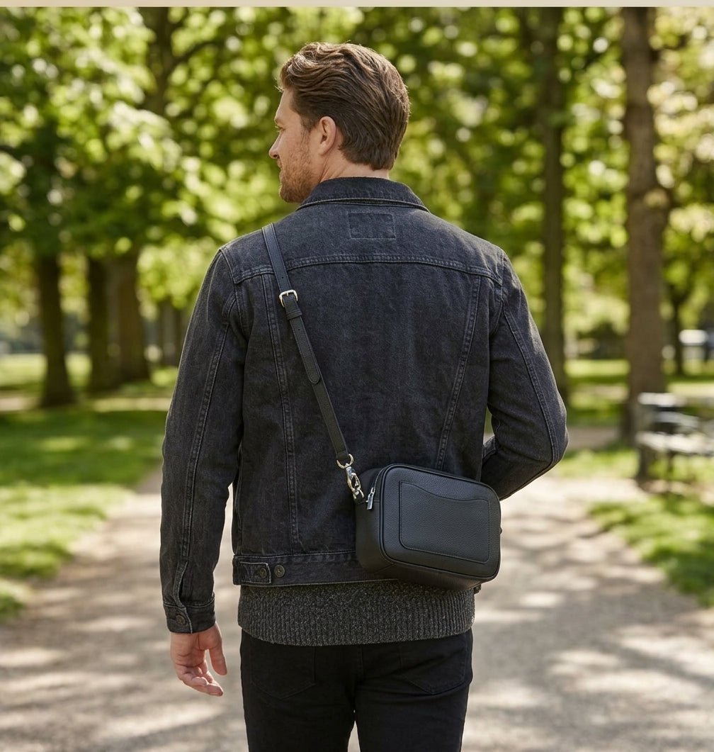 Classic Black Leather Camera Bag – Dual-Zip Crossbody - Karobaar