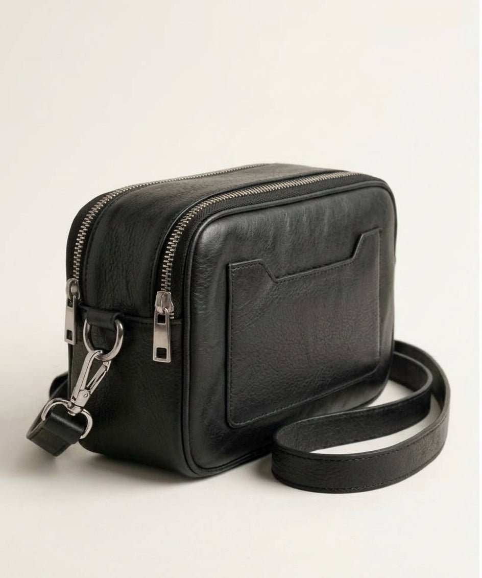 Classic Black Leather Camera Bag – Dual-Zip Crossbody - Karobaar