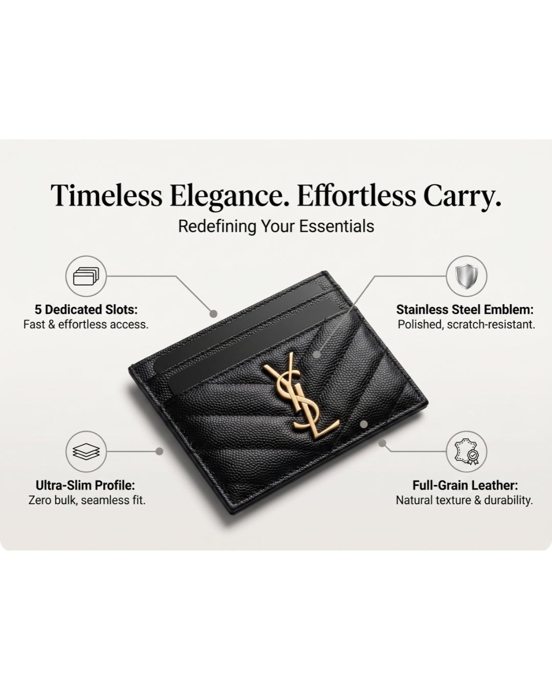 Noir Slim Card Case — Textured Leather, Gold Logo Accent - Karobaar